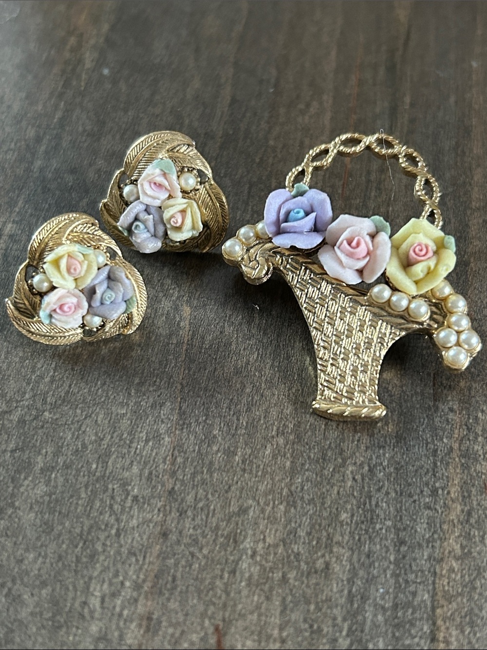 1928 Porcelain Flower Basket Brooch & Earrings